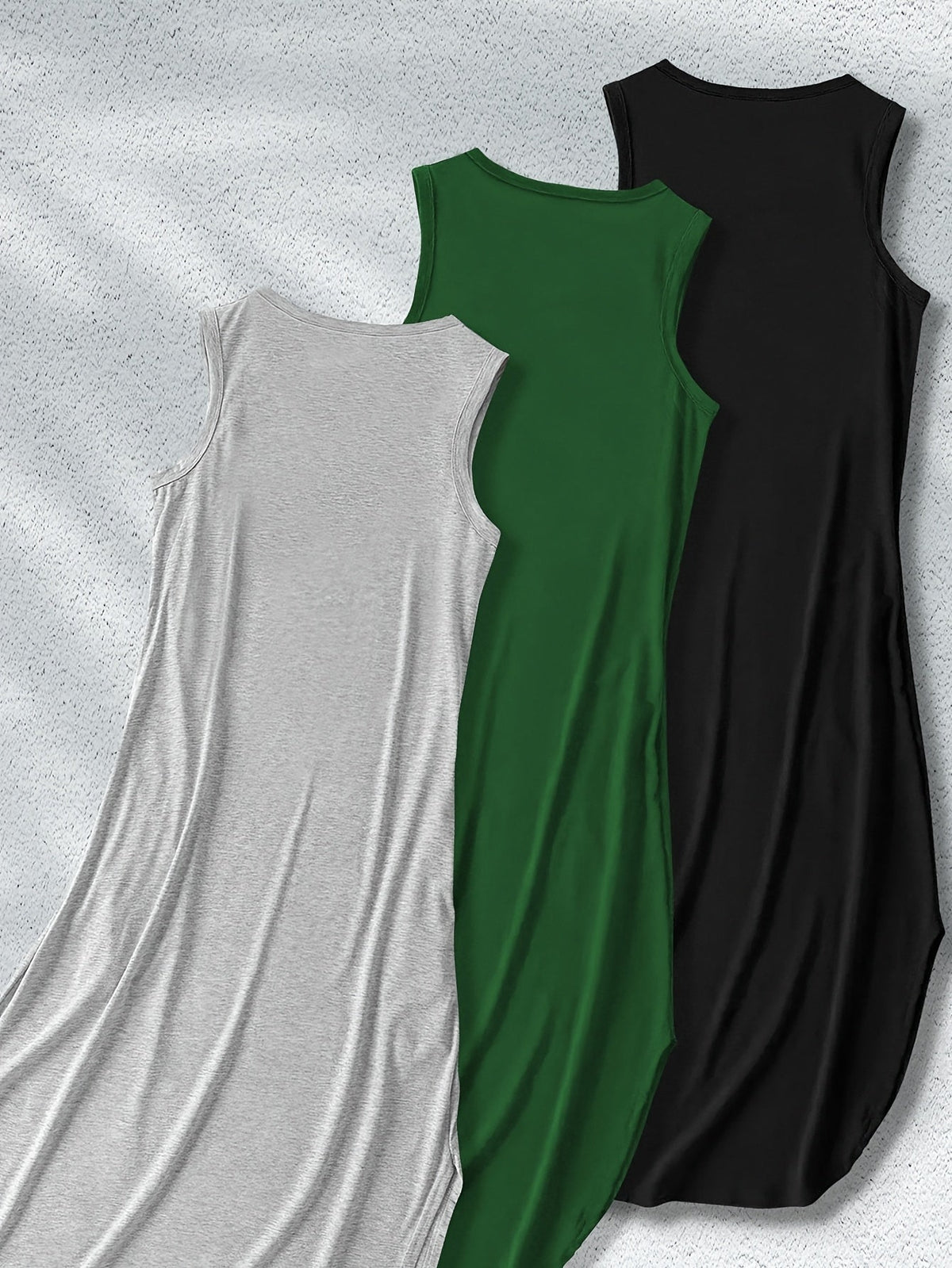 Women’s Sleeveless Maxi Dresses - 3pcs Casual Stretchy Solid Color Outfits, Polyester Blend with Side Slit, Machine Washable, Comfortable and Stylish for All-Season Everyday Wear