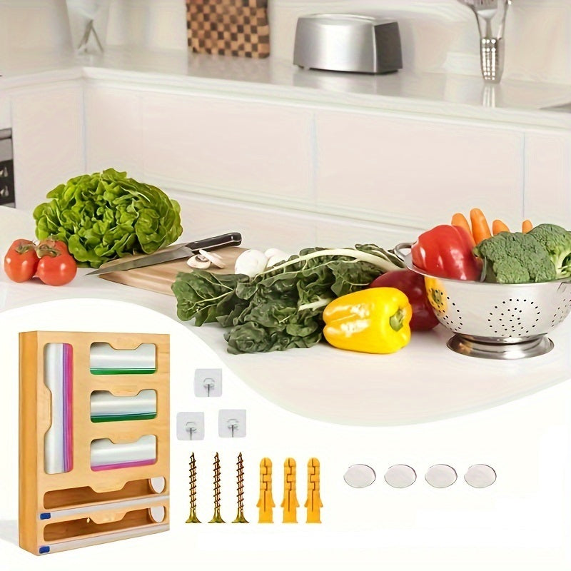 Bamboo Ziplock Bag Organizer – Kitchen Drawer Storage with Wrap Cutter for Bags, Foil, and Eco-Friendly Organization