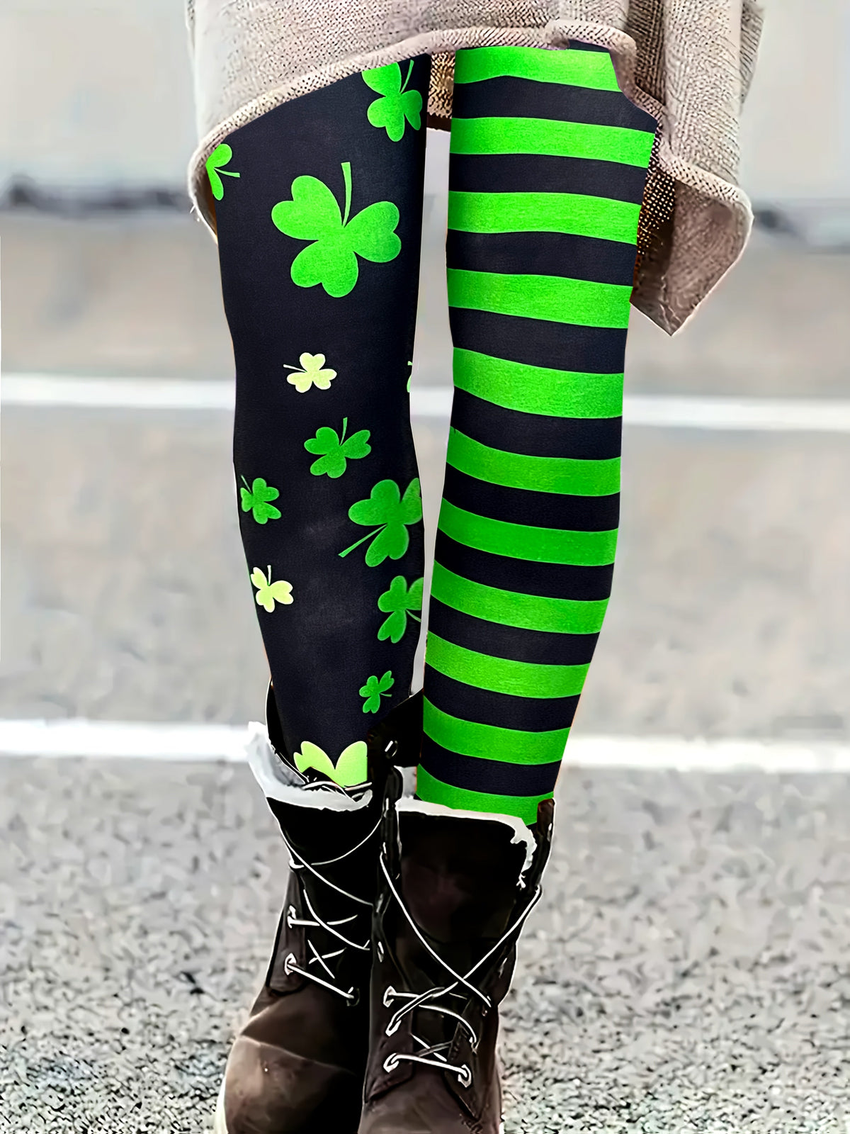 Striped Clover Print Women’s Leggings – Knit Jeggings for St. Patrick’s Day with Soft Fit & Stretch for Spring/Fall Comfort Style