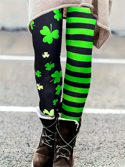 Striped Clover Print Women’s Leggings – Knit Jeggings for St. Patrick’s Day with Soft Fit & Stretch for Spring/Fall Comfort Style
