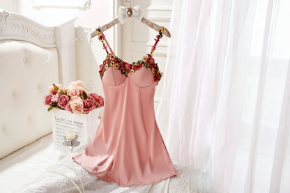 Elegant Lace-Trim V-Neck Slip Nightgown – Women’s Soft Satin-Feel Sleep Dress for Spring, Summer and Fall Comfort
