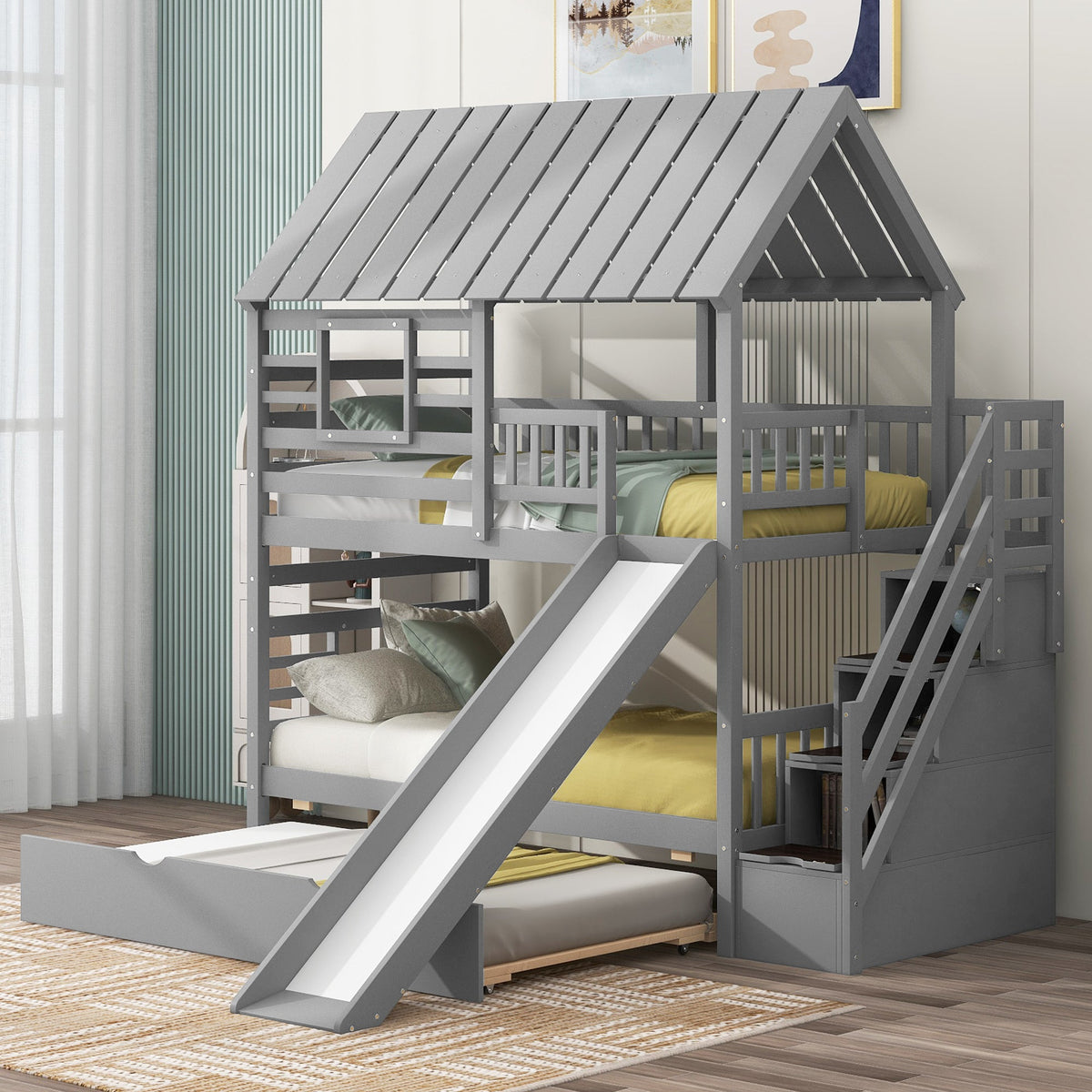 Twin over Twin House Bunk Bed with Roof and Window Design, Trundle, Slide, and Storage Staircase