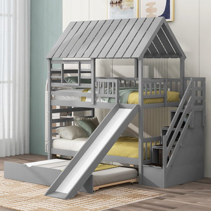 Twin over Twin House Bunk Bed with Roof and Window Design, Trundle, Slide, and Storage Staircase