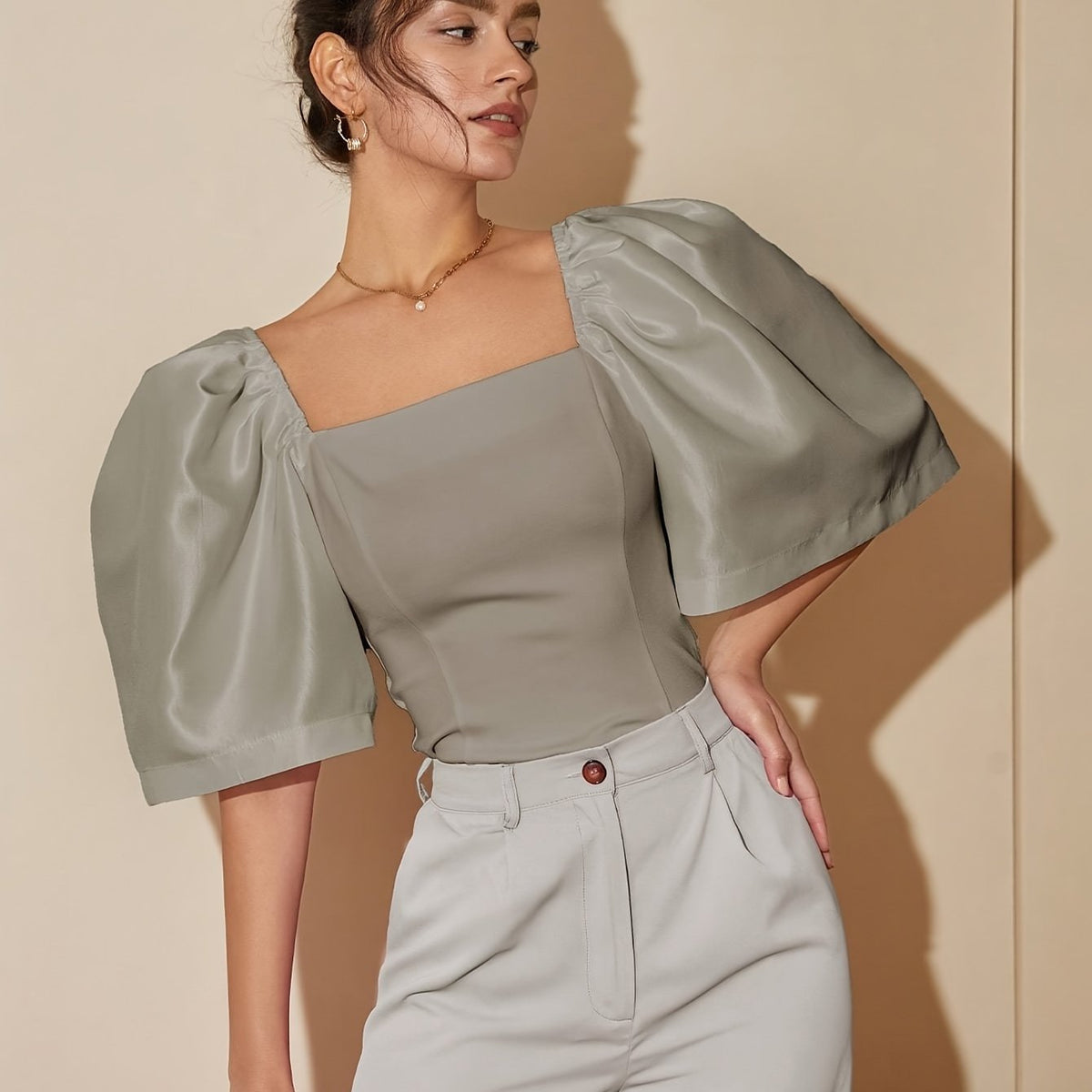 Chic Square Neck Lantern Sleeve Blouse – Woven Polyester Women’s Fashion Top for Spring/Summer Street Style with a Flattering Skinny Fit