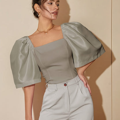 Chic Square Neck Lantern Sleeve Blouse – Woven Polyester Women’s Fashion Top for Spring/Summer Street Style with a Flattering Skinny Fit