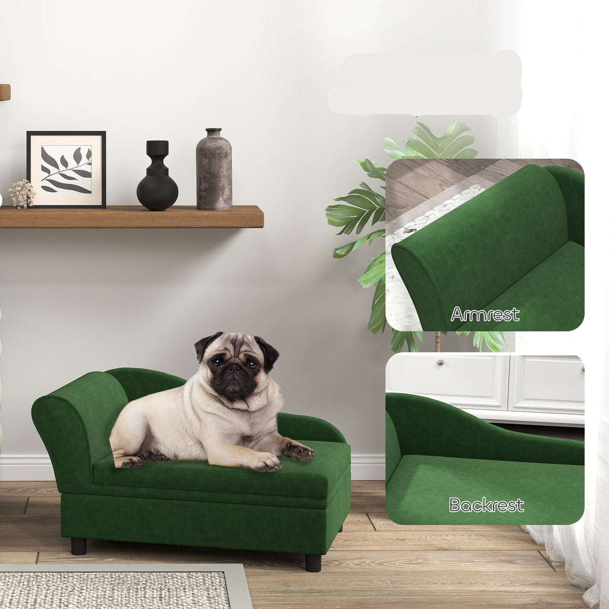 PawHut Luxury Green Polyester Small Dog Sofa Bed with Storage - Comfy Rectangular Pet Couch for Small Breeds, Easy Assembly, Modern Design for Cozy Home Decor