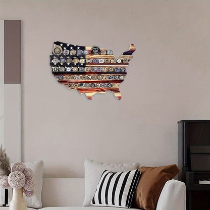 Vintage Wooden American Flag Coin Display – Handmade Wall-Mounted USA Shape Stand, Patriotic Art Piece for Challenge Coins, Police, Veterans, and Collectors’ Keepsake Home Decor