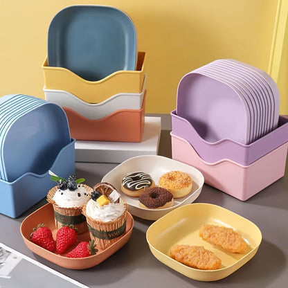 Square Dinner Plate Set with Holder – Ten Pieces Durable Plastic Dishes for Snacks, Breakfast & Everyday Dining