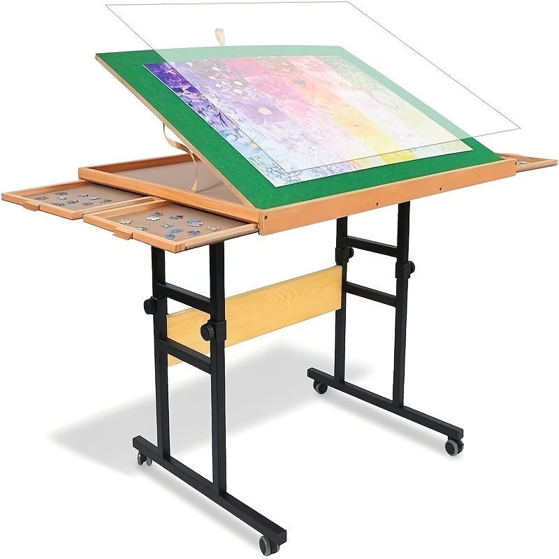 Tilting Wooden Puzzle Table with 4 Drawers - Height-Adjustable Rolling Jigsaw Board with Felt Top and Clear Cover, for Puzzles up to 1500 Pieces
