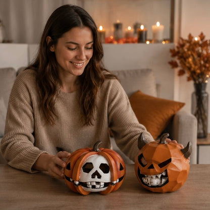 Halloween Pumpkin Skull Resin Figurine – Horror-Themed Decorative Ornament for Desktop Display, Creepy Crafts, and Festive Haunted Atmosphere Props