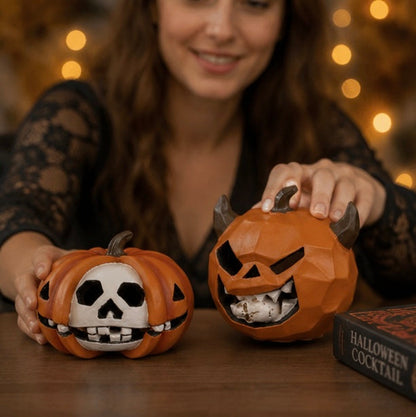 Halloween Pumpkin Skull Resin Figurine – Horror-Themed Decorative Ornament for Desktop Display, Creepy Crafts, and Festive Haunted Atmosphere Props