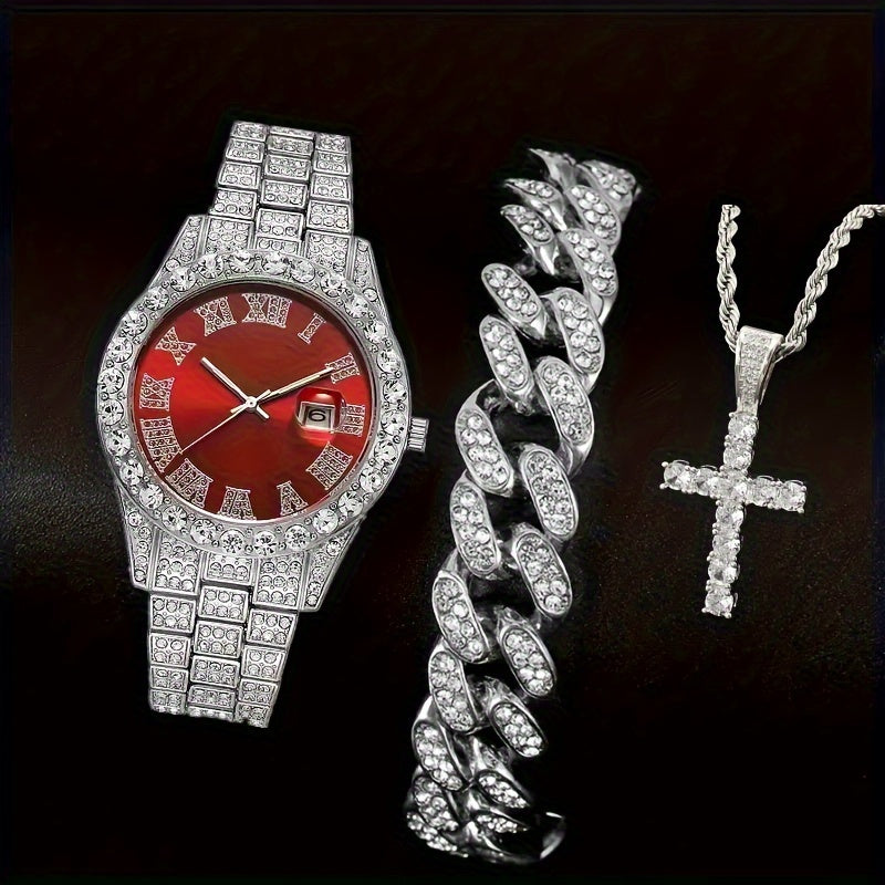 Men’s Watch and Jewelry Gift Set – Cross Necklace, Bracelet and Stylish Watch Combo for Fashionable Everyday and Special Occasions