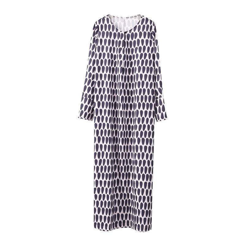 Floral Geometric Split Dress – Women’s Summer Long Sleeve V-Neck Ankle-Length Print Dress for Casual Fashion and Comfortable Elegance