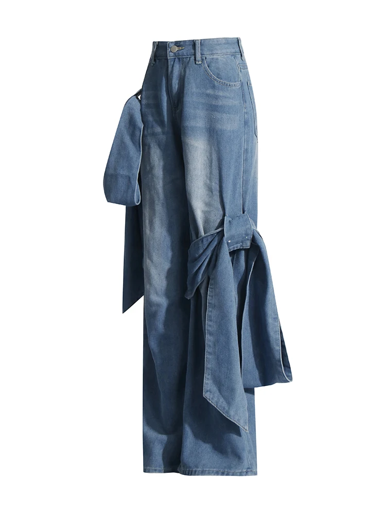 Wide Leg Patchwork Bow Jeans – High-Waist Straight Leg Denim with Feminine Streetwear Flair and Pocket Detailing