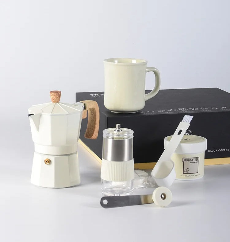 Six Pieces Manual Coffee Maker Gift Set – Moka Pot with Grinder, Cup, Bean Jar, Filter Paper, Spoon, and Brush for Home Brewing Lovers