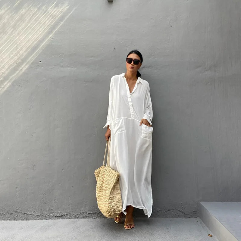 White Swimsuit Cover-Up Maxi Kaftan – Elegant Kimono-Style Beach Dress with Loose Fit, Side Pockets, and Lightweight Summer Tunic for Bathing Suits