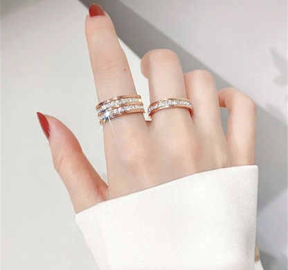 Romantic Double Row Rose Gold Couple Ring - Sparkling Zircon Stainless Steel Engagement Jewelry