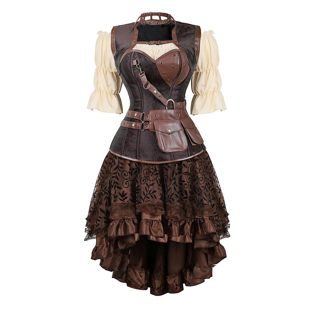 Women’s Pirate Corset Dress – Plus Size Brown Faux Leather Steampunk Costume with Off-Shoulder Blouse for Halloween Party Cosplay