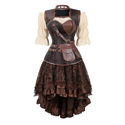 Women’s Pirate Corset Dress – Plus Size Brown Faux Leather Steampunk Costume with Off-Shoulder Blouse for Halloween Party Cosplay