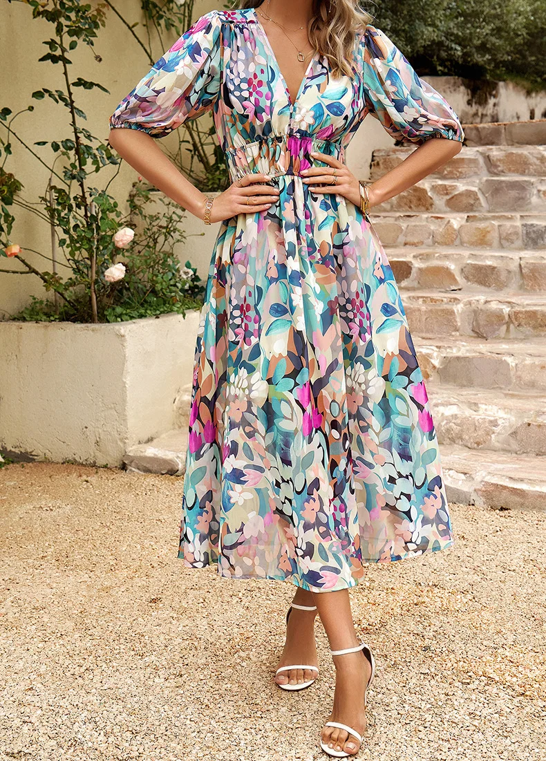 Vintage Mesh V-Neck Printed Midi Dress – Lantern Sleeve V-Neck Beauty with an Elastic Waist for Chic Parties