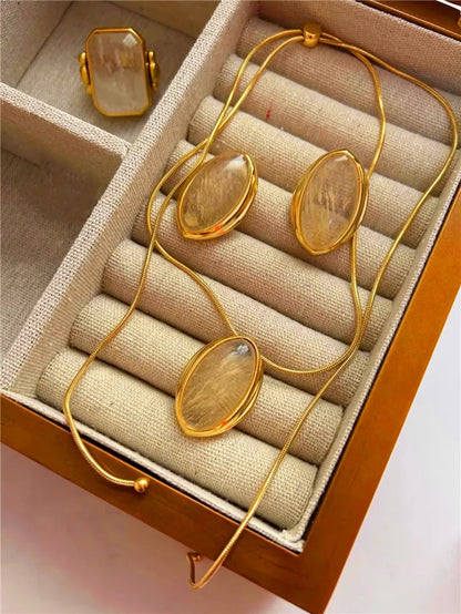 Natural Stone Open Bangle for Women – Elegant Brass Metal Bracelet for Light Luxury Fashion, Travel, and Party Accessories
