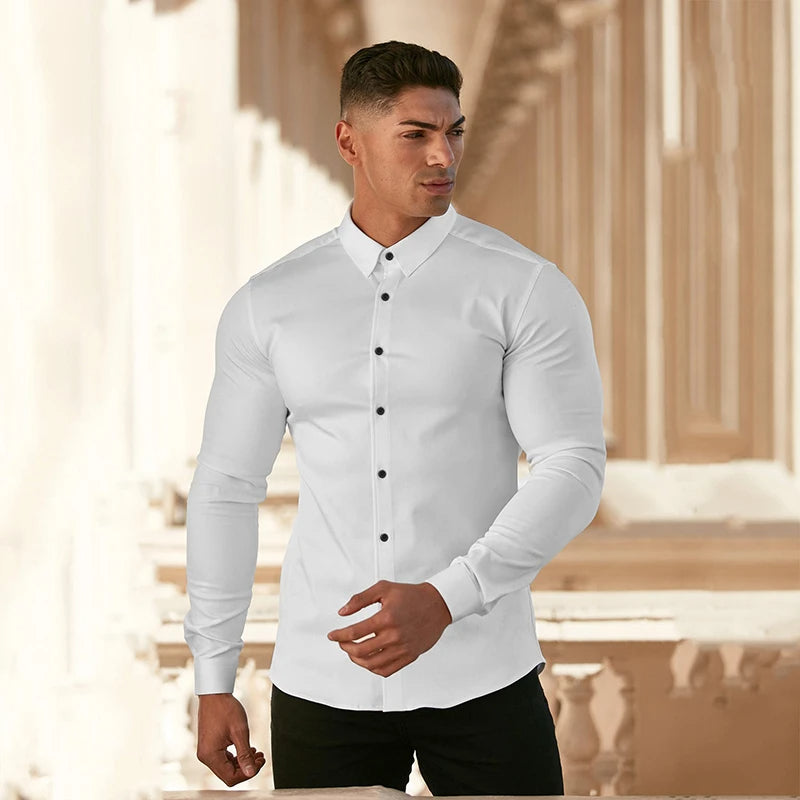 Men’s Super Slim Fit Plain Shirt – Long Sleeve Casual Button-Up for Business, Social Events, and Daily Sophisticated Style