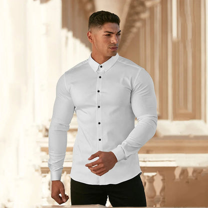 Men’s Super Slim Fit Plain Shirt – Long Sleeve Casual Button-Up for Business, Social Events, and Daily Sophisticated Style