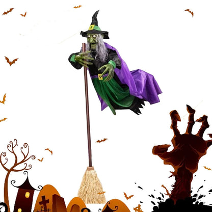Halloween Flying Witch on Broom – Animatronic Witch with Luminous Eyes for Outdoor Yard Party Props and Haunted House Decor
