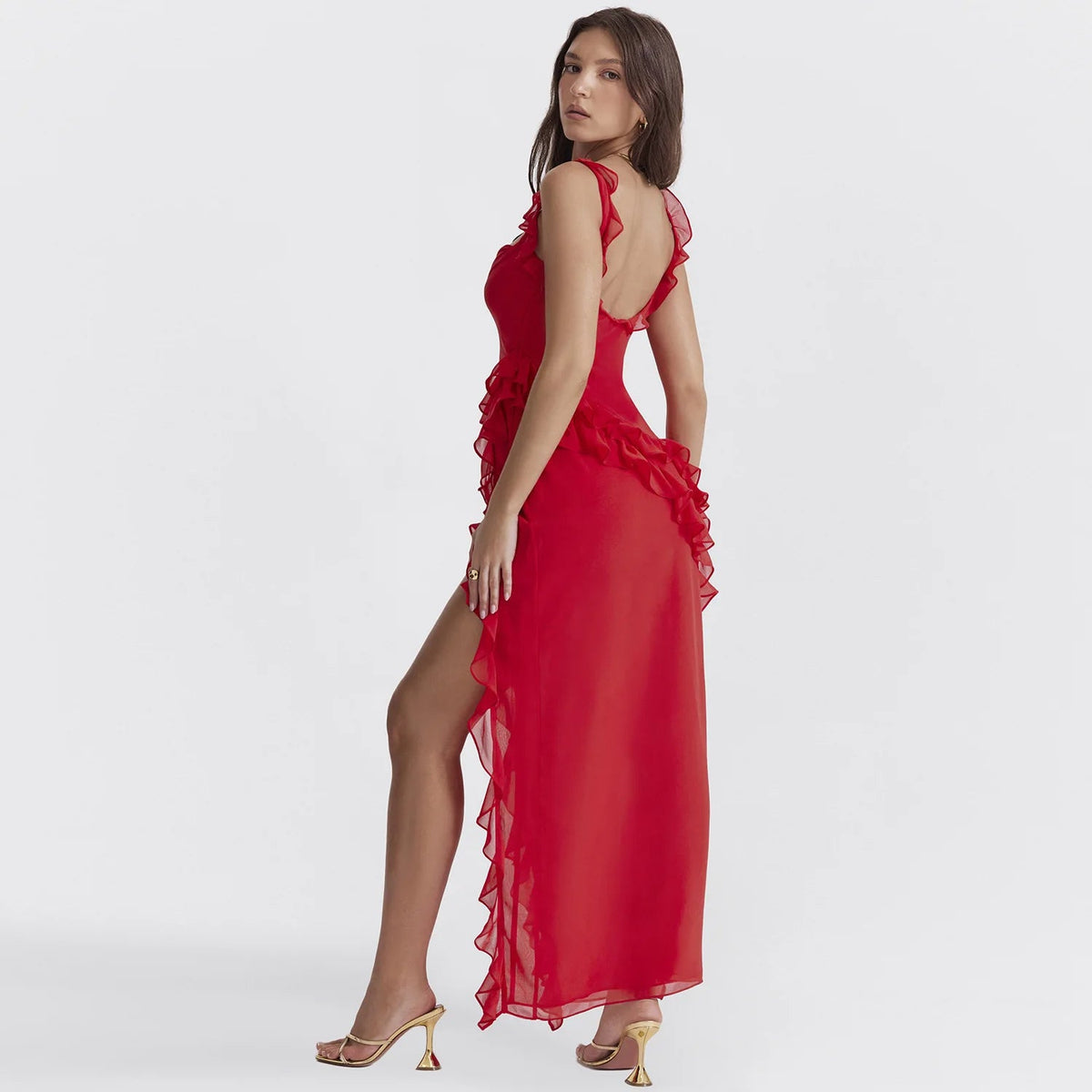 Sexy Spaghetti Strap Thigh High Split Bodycon Dress – Backless, Low-Cut Ruffle Gown for Elegant Evening & Party Glamour