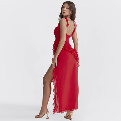 Sexy Spaghetti Strap Thigh High Split Bodycon Dress – Backless, Low-Cut Ruffle Gown for Elegant Evening & Party Glamour