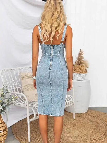 Sexy U-Neck Denim Tube Top Dress – Slim-Fit Bodycon Slit Dress for Trendy Streetwear & Summer Party Looks