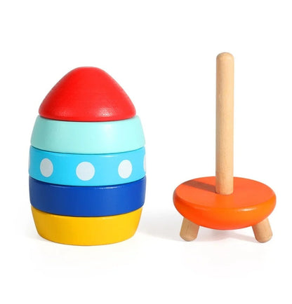 Rocket Tower Wooden Blocks Game – Montessori-Inspired Color & Shape Stacking Toy for Kids’ Cognitive Learning and Fine Motor Development
