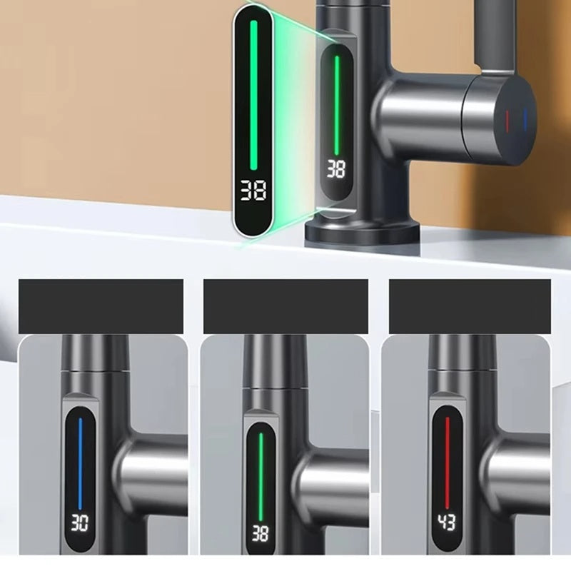 Waterfall Pull-Out Faucet with Intelligent Digital Temperature Display – Battery-Free Rainfall Kitchen & Bathroom Tap for Elegant, Smart Flow Control