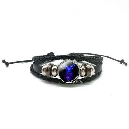 Handwoven Zodiac Leather Charm Bracelet – 12 Constellation Signs, Vintage Couple Gift for Women & Astrology Lovers