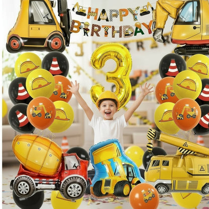 Construction Vehicle Balloon Set – Birthday Party Decor Featuring Excavator, Fire Truck & Tractor Theme Designs
