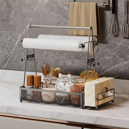Metal Utensil Caddy with Paper Towel Holder – Sturdy Picnic and Camping Organizer for BBQ Essentials, Kitchen Tools, and Outdoor Dining Convenience