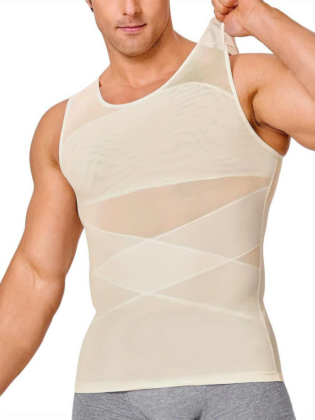 Men’s High-Stretch Nylon Spandex Tank Top – Crew Neck Compression Vest with Mesh Contrast & Skinny Fit Design