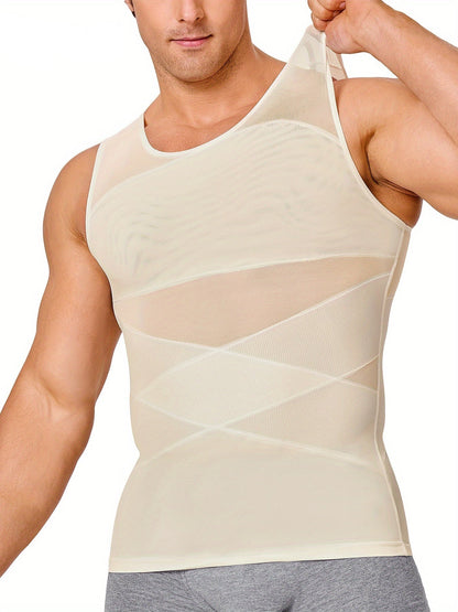 Men’s High-Stretch Nylon Spandex Tank Top – Crew Neck Compression Vest with Mesh Contrast & Skinny Fit Design