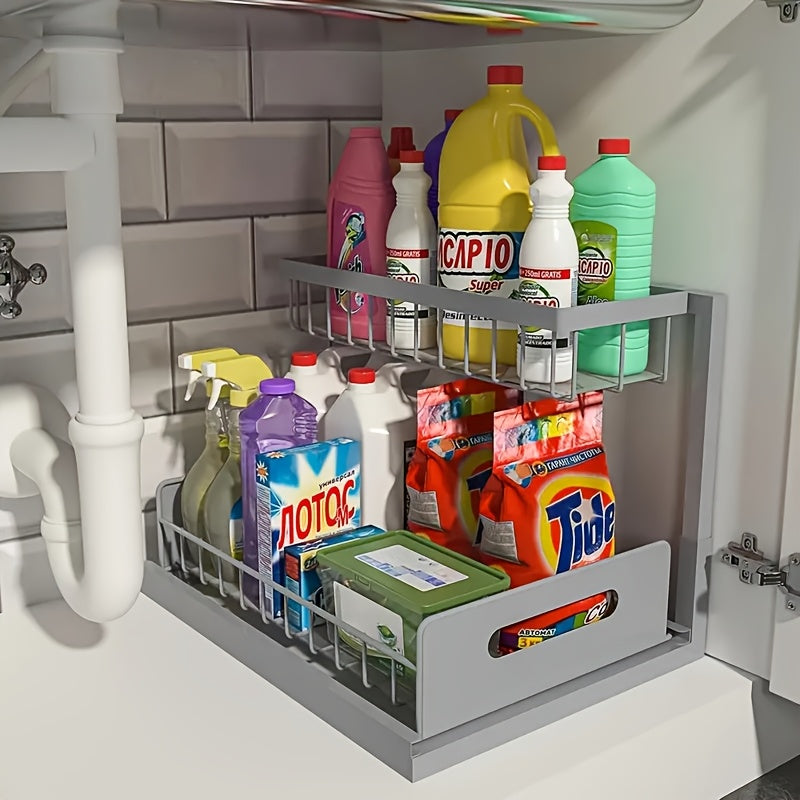 Two Tier Pull-Out Under Sink Organizer – Sliding Cabinet Shelf Storage for Kitchen or Bathroom, Space-Saving and Easy Access for Cleaning Supplies