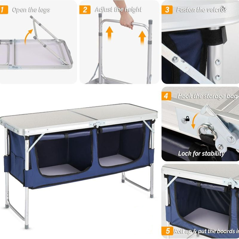 Adjustable Aluminum Folding Camping Table with Storage – 4ft Picnic Table for Beach Trips, Backyard BBQs, Travel Events & Outdoor Party Camping