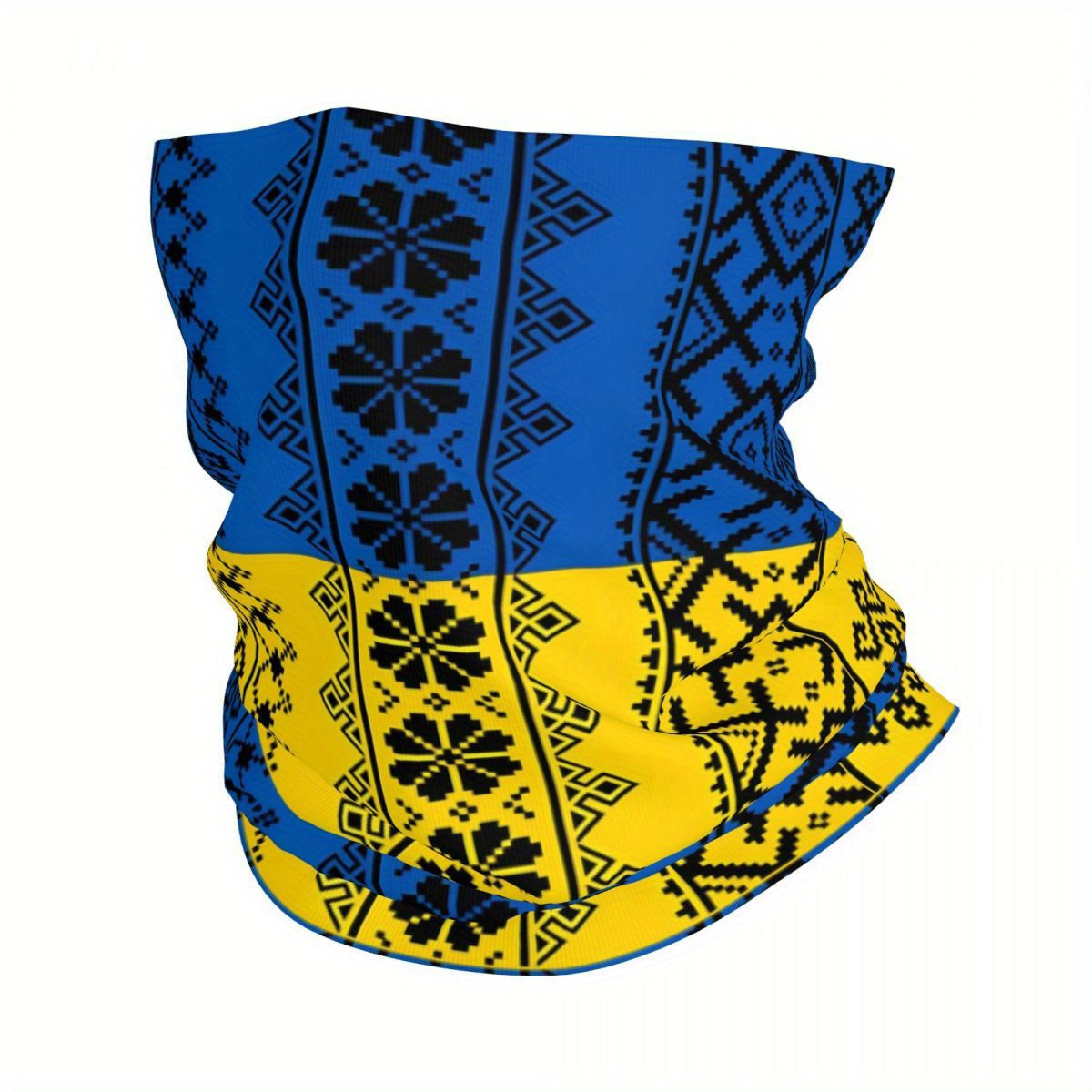 Ukrainian Pattern Bandana – Soft Stretch Knit Neck Scarf in Blue & Yellow for Winter Warmth or Outdoor Fishing Trips