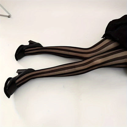 Elegant Black Striped Pattern Tights – 1 Pair Polyamide-Elastane Blend with Lace Details for Chic, Sheer Style and Everyday Comfort