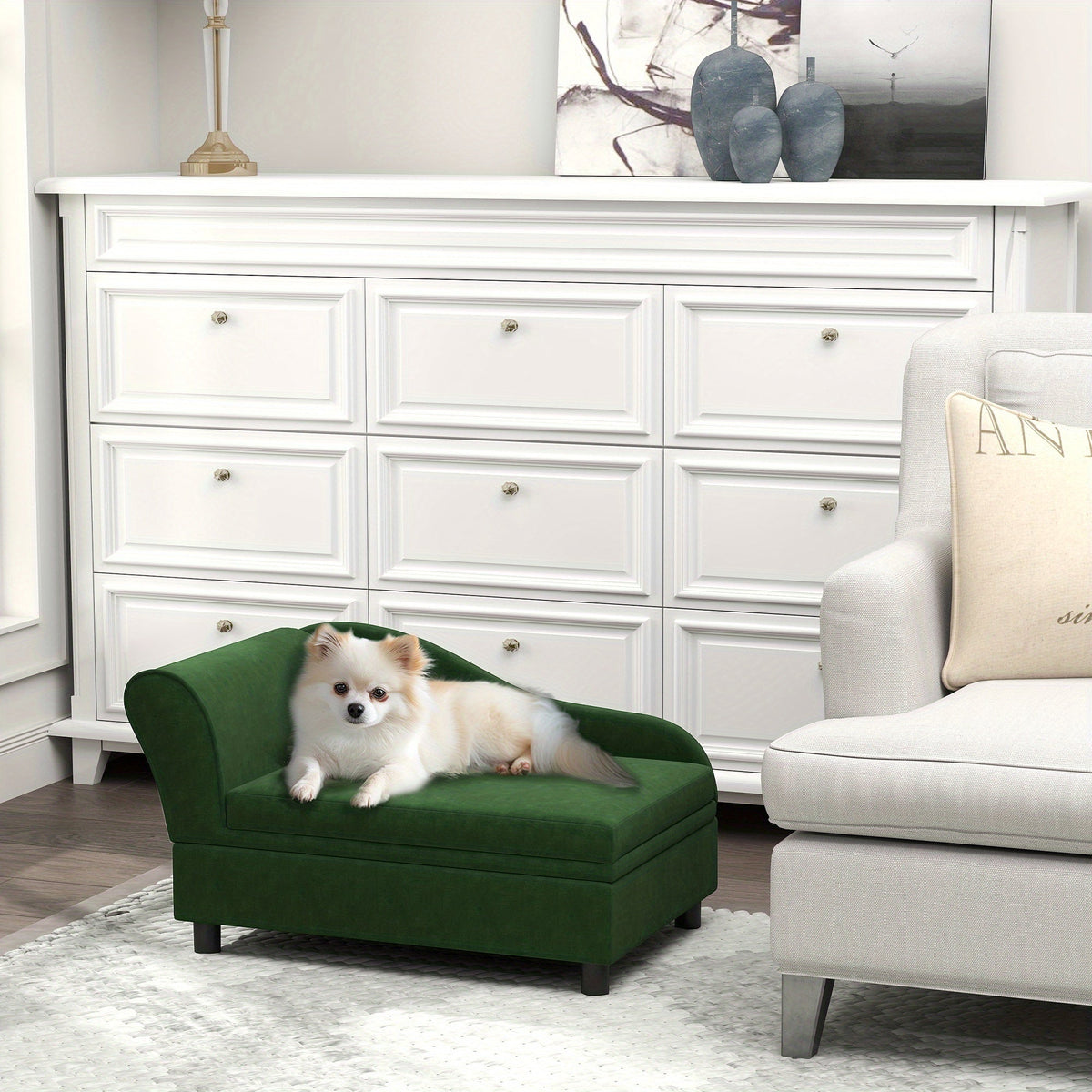 PawHut Luxury Green Polyester Small Dog Sofa Bed with Storage - Comfy Rectangular Pet Couch for Small Breeds, Easy Assembly, Modern Design for Cozy Home Decor