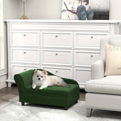 PawHut Luxury Green Polyester Small Dog Sofa Bed with Storage - Comfy Rectangular Pet Couch for Small Breeds, Easy Assembly, Modern Design for Cozy Home Decor