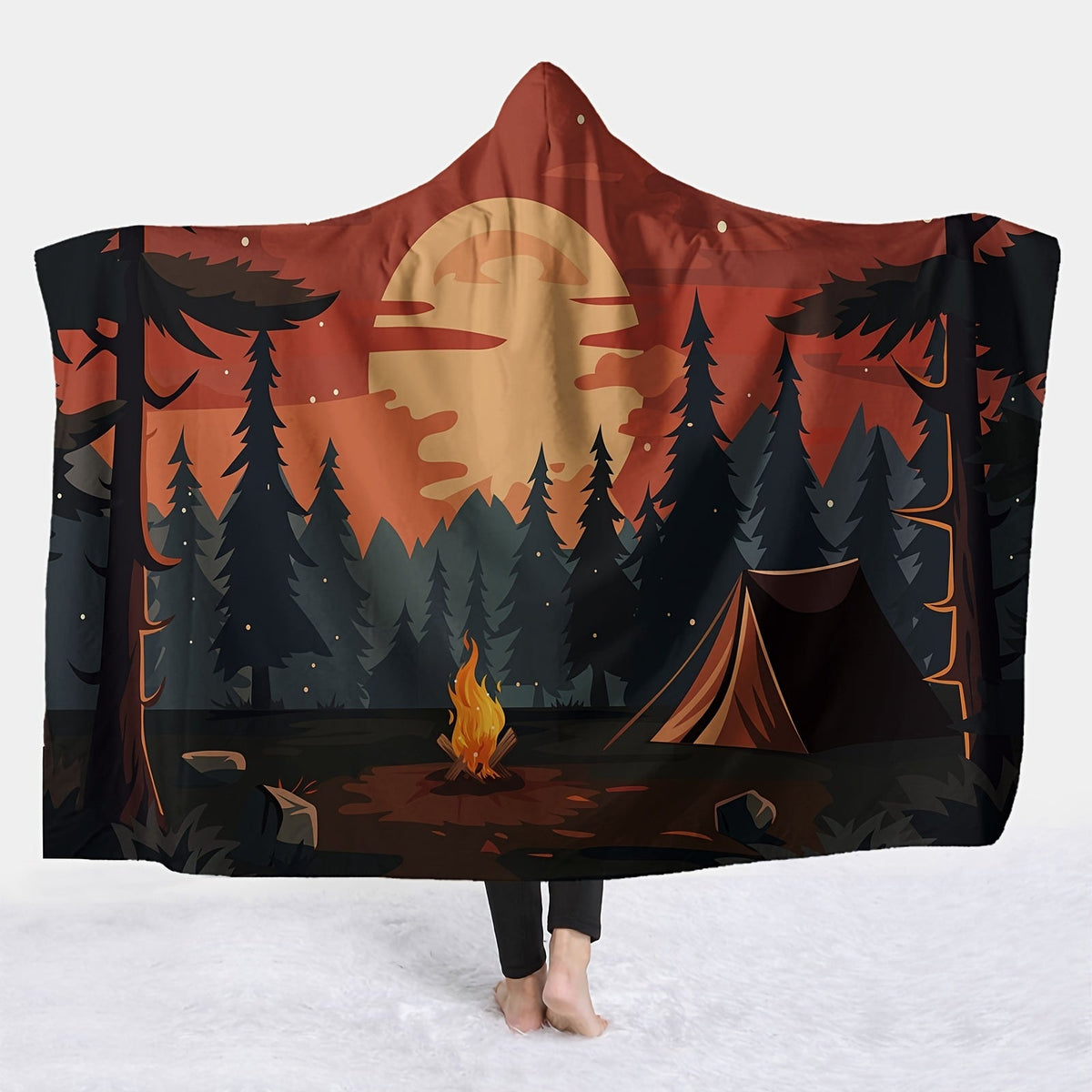 Camping Pattern Hooded Blanket – Flannel Wearable Throw with Digital Print for Sofa, Office & Travel Comfort