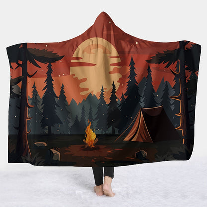 Camping Pattern Hooded Blanket – Flannel Wearable Throw with Digital Print for Sofa, Office & Travel Comfort