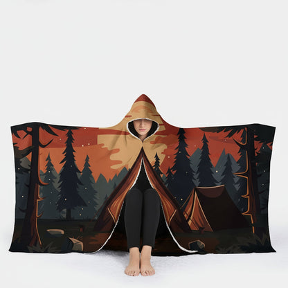 Camping Pattern Hooded Blanket – Flannel Wearable Throw with Digital Print for Sofa, Office & Travel Comfort