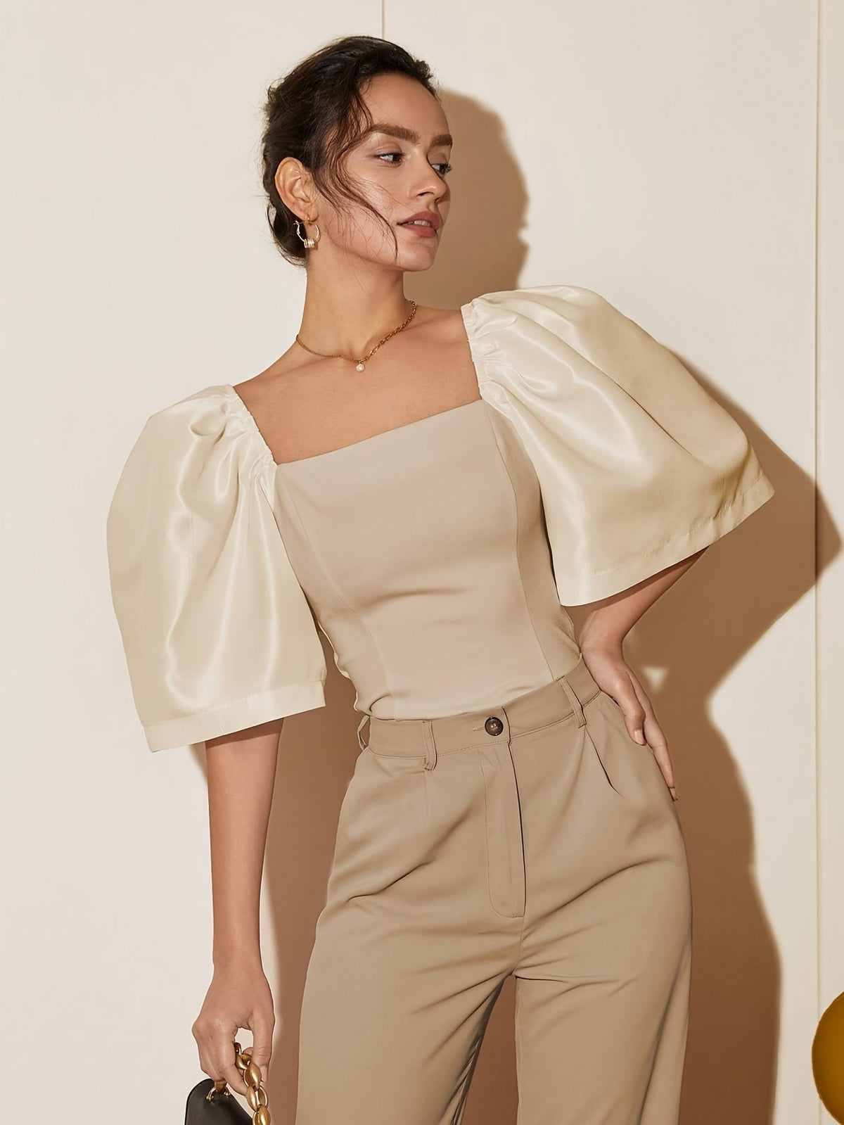 Chic Square Neck Lantern Sleeve Blouse – Woven Polyester Women’s Fashion Top for Spring/Summer Street Style with a Flattering Skinny Fit