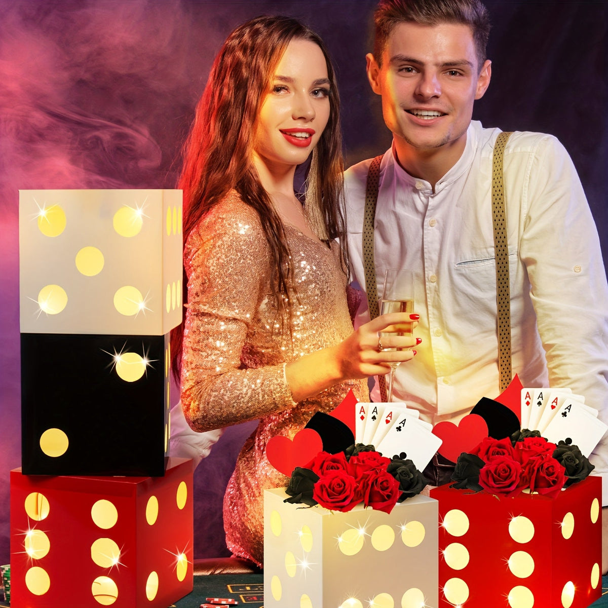 Light-Up Dice Favor Boxes- 6pcs Large Balloon Boxes for Game Night, Birthday Parties, or Retro Casino-Themed Events
