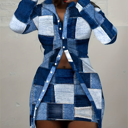 Two-Piece Plaid Lapel Blouse & Skirt Set- Button-Front Casual Outfit for Women Looking Chic Yet Comfortable Every Day